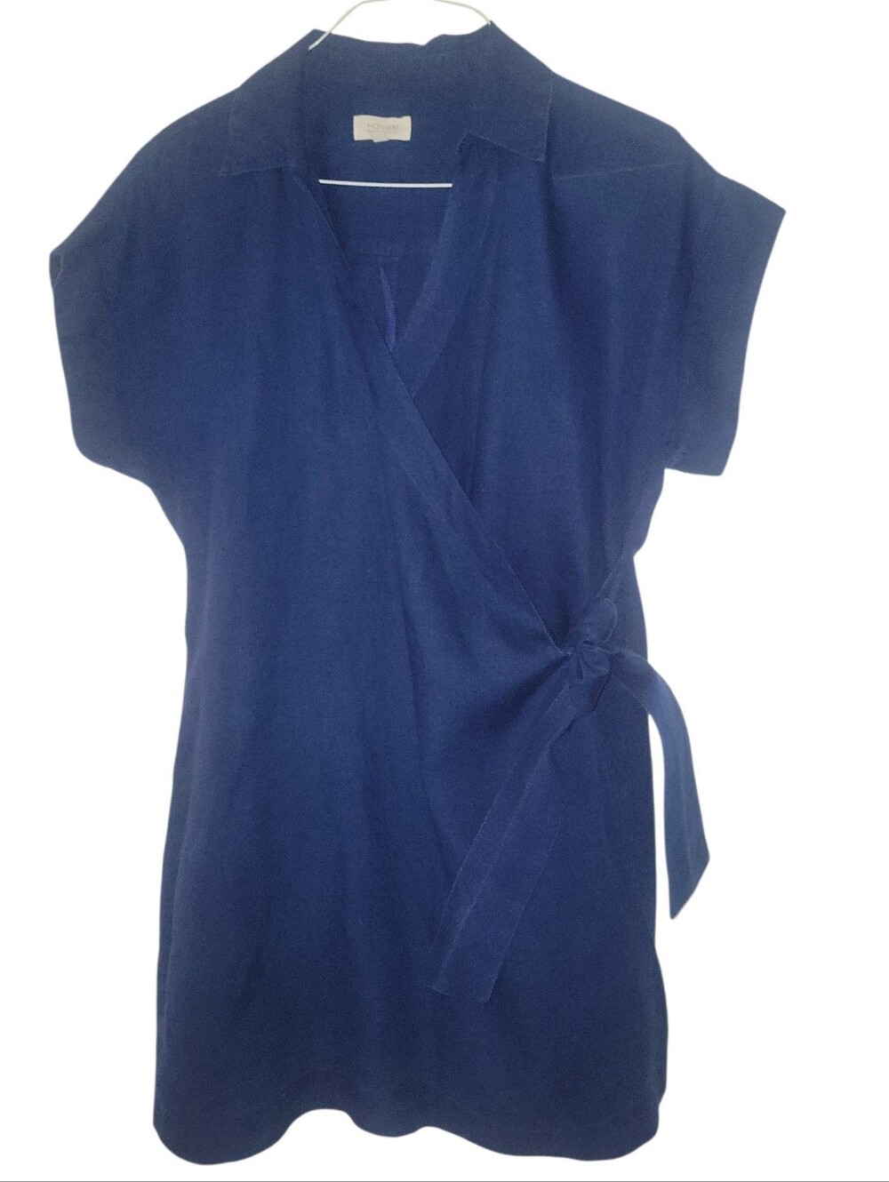 Haven Well Within Navy Linen Wrap V-Neckline Cap Sleeves Side Tie Waist Dress L
